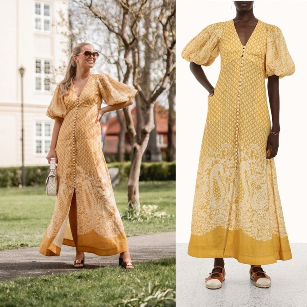 ZIMMERMANN Jude Paisley Puff Sleeve Button Front Linen Maxi Dress Size 4